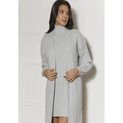 Chi Chi London All-Over Knitted Cable Longline Cardigan in Grey