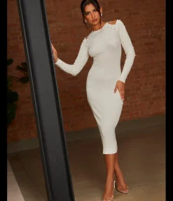 Chi Chi London Cold Shoulder Pearl Detail Rib Midi Dress in Cream