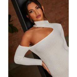 Chi Chi London Cut-Out Long Sleeve Knitted Rib Dress in White