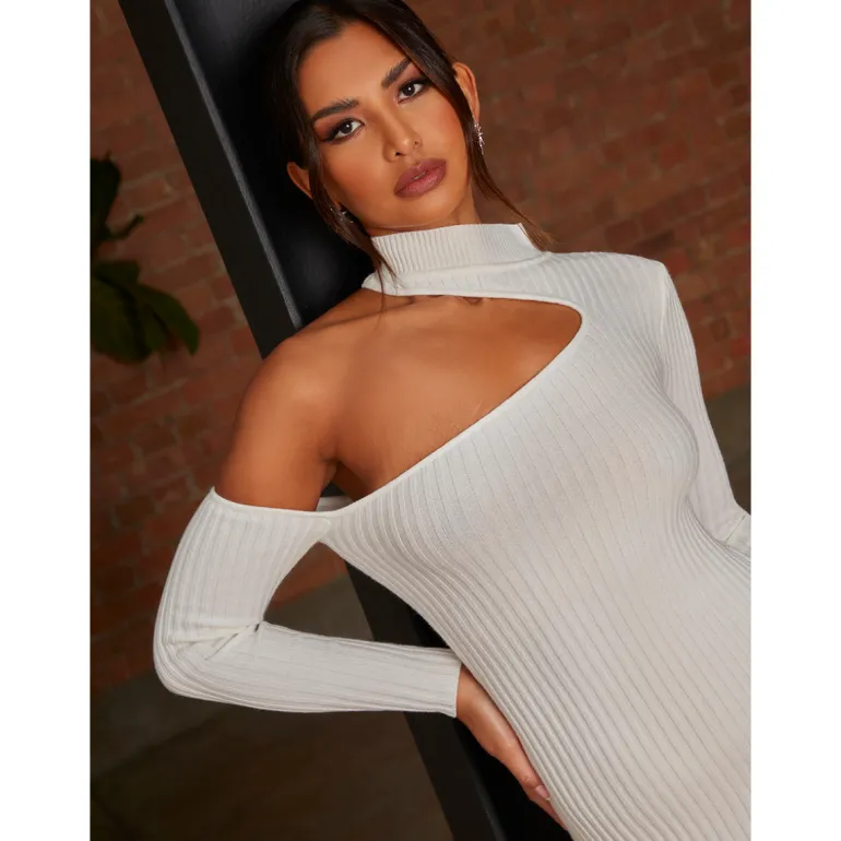 Chi Chi London Cut-Out Long Sleeve Knitted Rib Dress in White