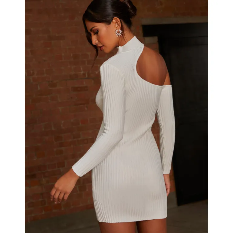 Chi Chi London Cut-Out Long Sleeve Knitted Rib Dress in White
