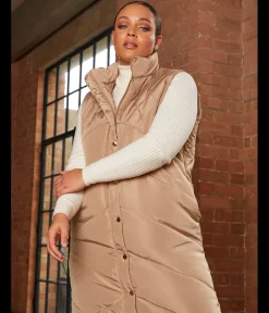 Chi Chi London Diamond Quilt Detail Longline Padded Gilet in Tan