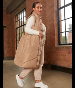 Chi Chi London Diamond Quilt Detail Longline Padded Gilet in Tan