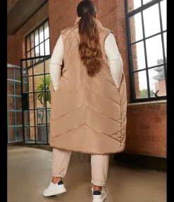 Chi Chi London Diamond Quilt Detail Longline Padded Gilet in Tan