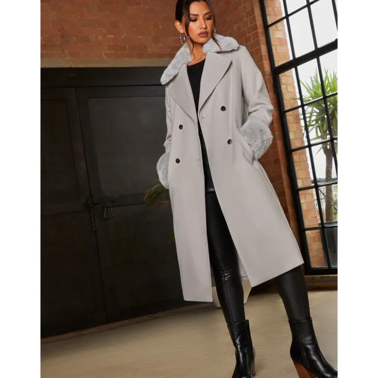 Chi Chi London Double Breasted Faux Fur Trim Coat in Grey