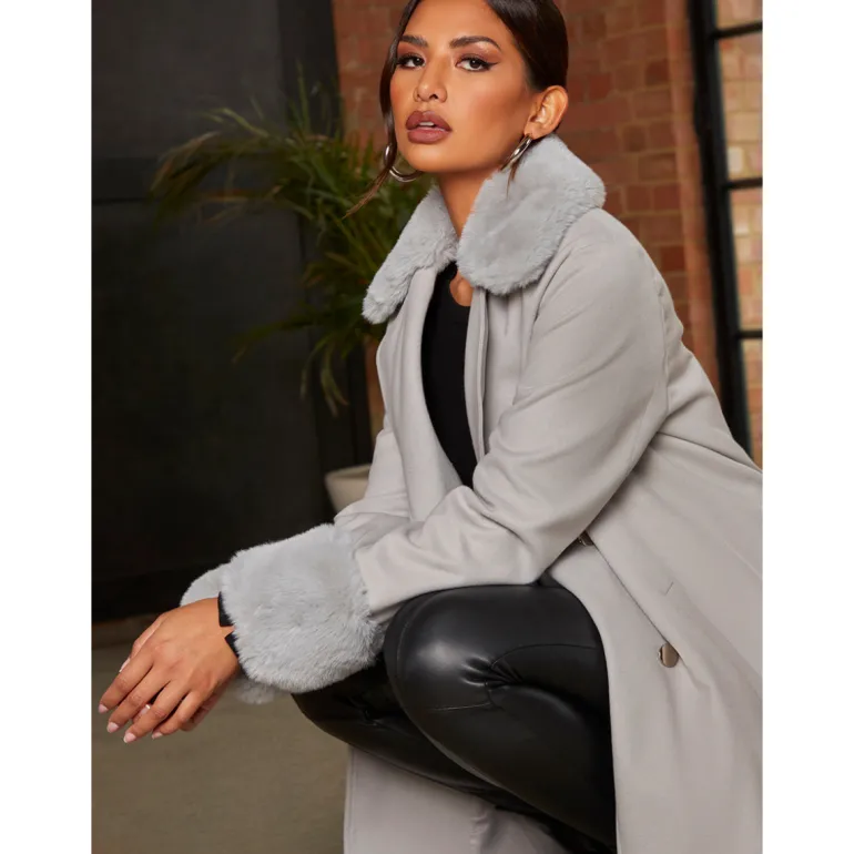 Chi Chi London Double Breasted Faux Fur Trim Coat in Grey