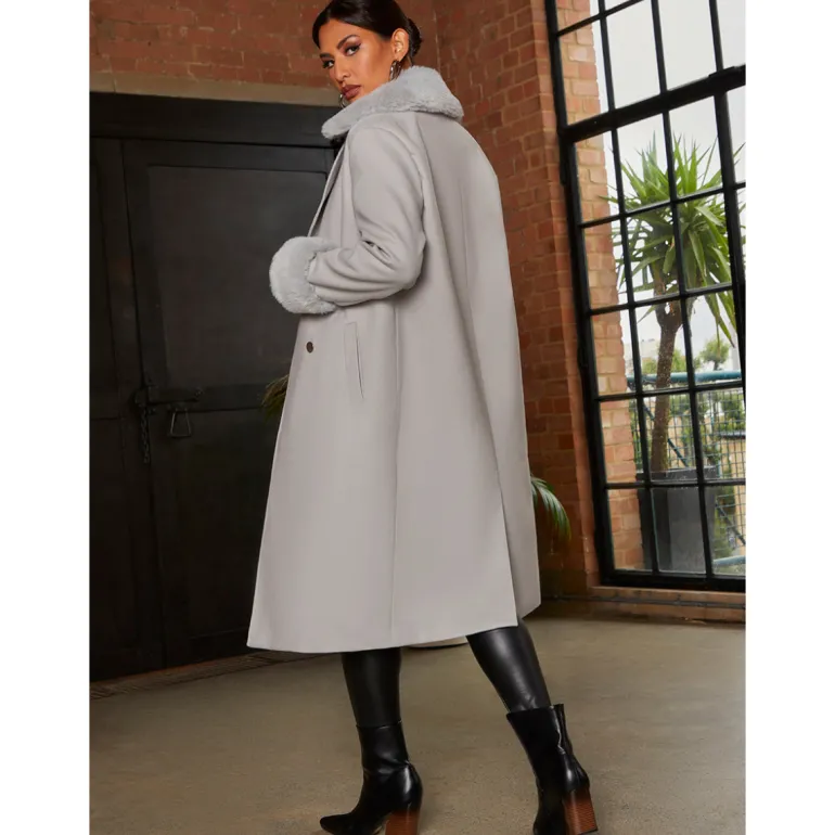Chi Chi London Double Breasted Faux Fur Trim Coat in Grey
