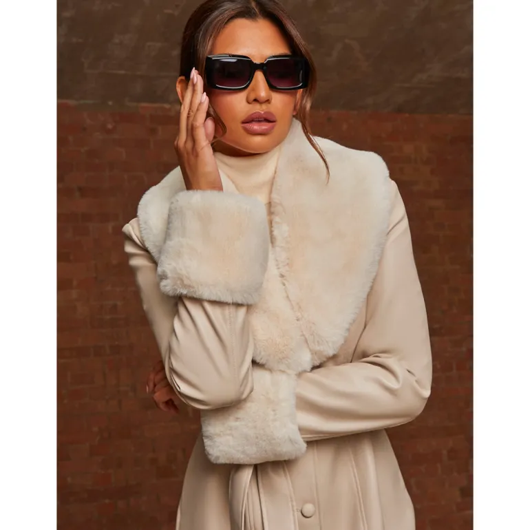 Chi Chi London Faux Leather Longline Coat with Faux Fur Trim in Taupe