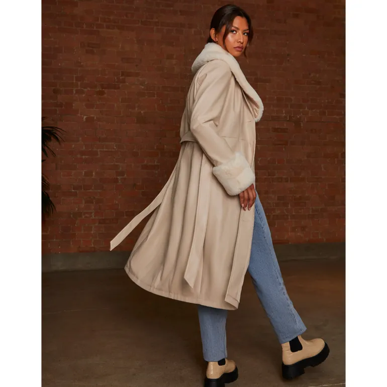 Chi Chi London Faux Leather Longline Coat with Faux Fur Trim in Taupe