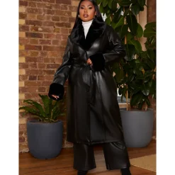 Chi Chi London Plus Size Faux Leather Longline Coat with Faux Fur Trim in Black