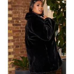 Chi Chi London Plus Size Plush Faux Fur Coat in Black