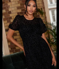 Chi Chi London Short Sleeve Sheer Detail Dobby Midi Dress in Black