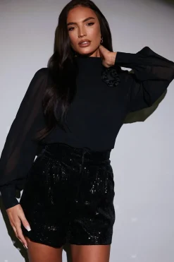Chiffon Balloon Sleeve Detachable Corsage Blouse