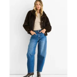 Coffee Funnel Neck Button Up Faux Fur Jacket