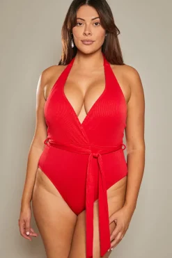 Contour Rib Wrap Front Functional Halter Tie Swimsuit
