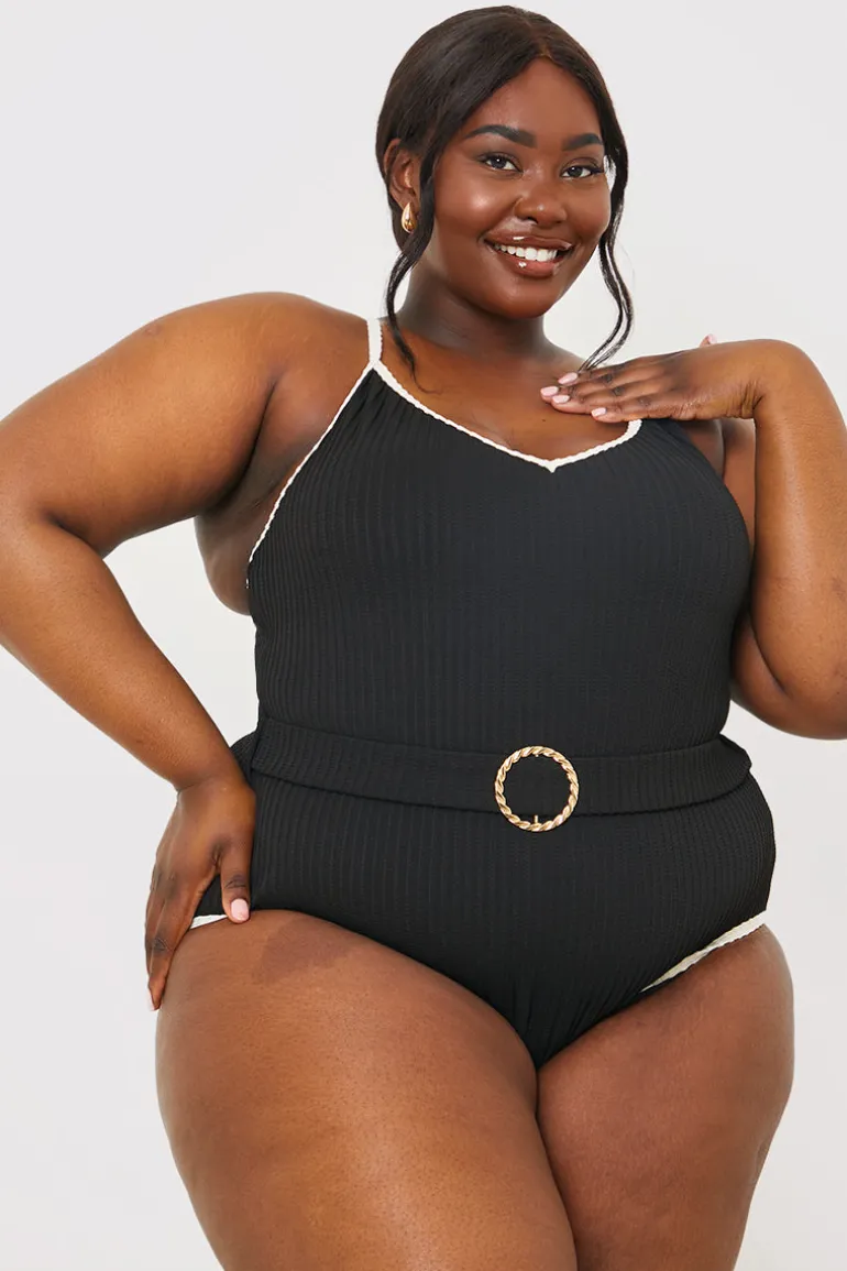 Control Contrast Binding Belted Swimsuit