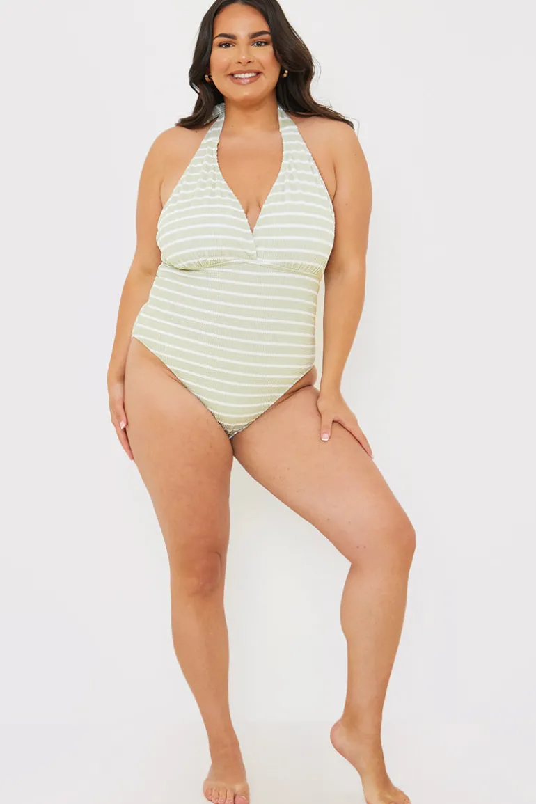 Control Crinkle Stripe Halter Swimsuit with Ruched Sides