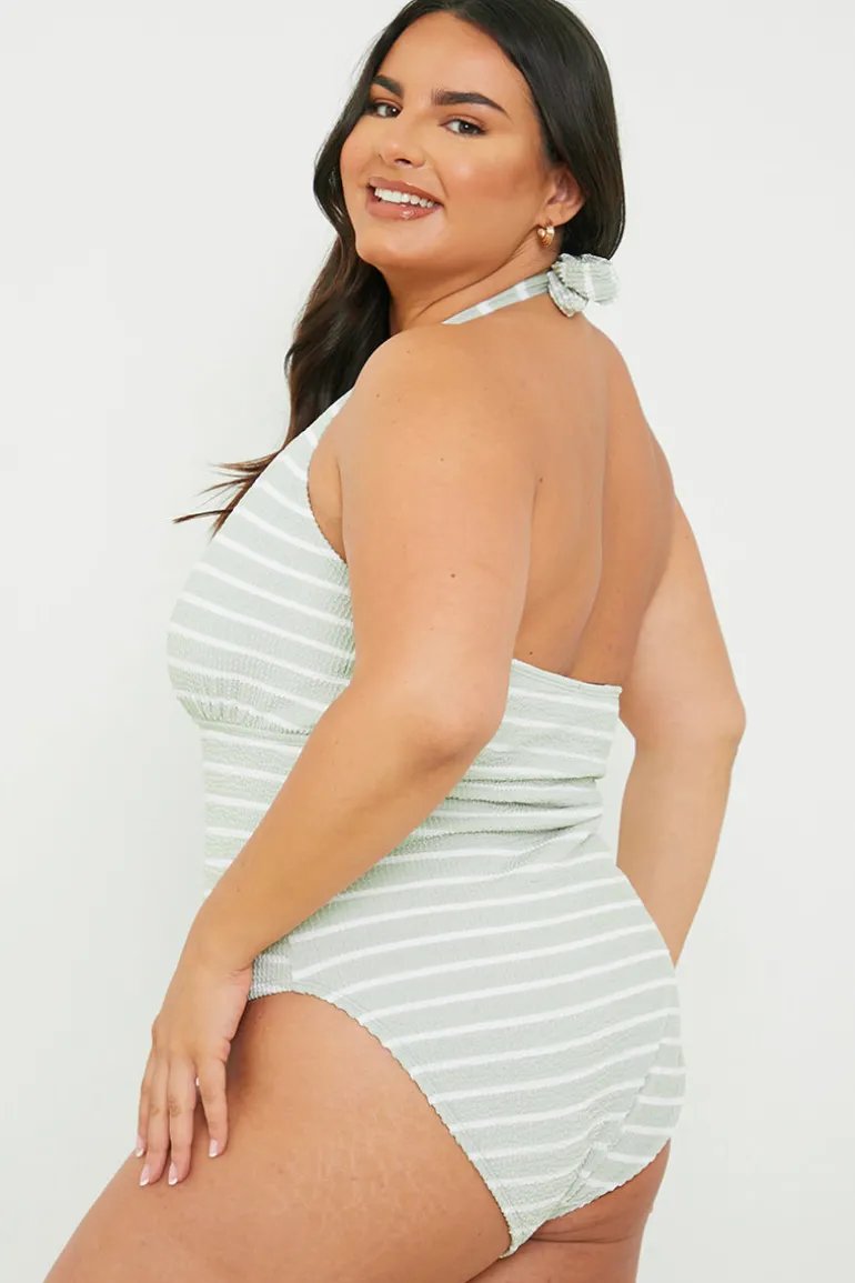 Control Crinkle Stripe Halter Swimsuit with Ruched Sides