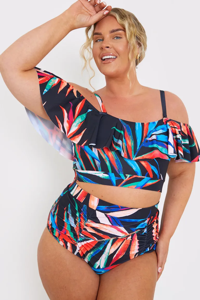 Control Ruched Detail Palm Print Bikini Bottom