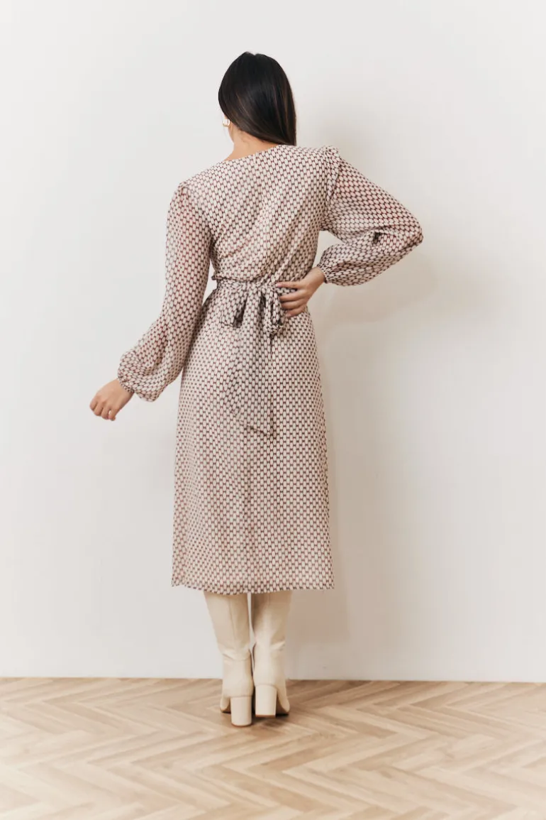 Cream Geometric Print Chiffon Balloon Sleeve Wrap Midi Dress