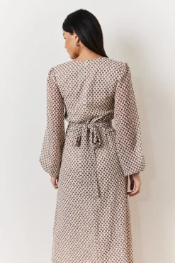 Cream Geometric Print Chiffon Balloon Sleeve Wrap Midi Dress