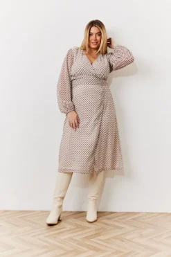 Cream Geometric Print Chiffon Balloon Sleeve Wrap Midi Dress