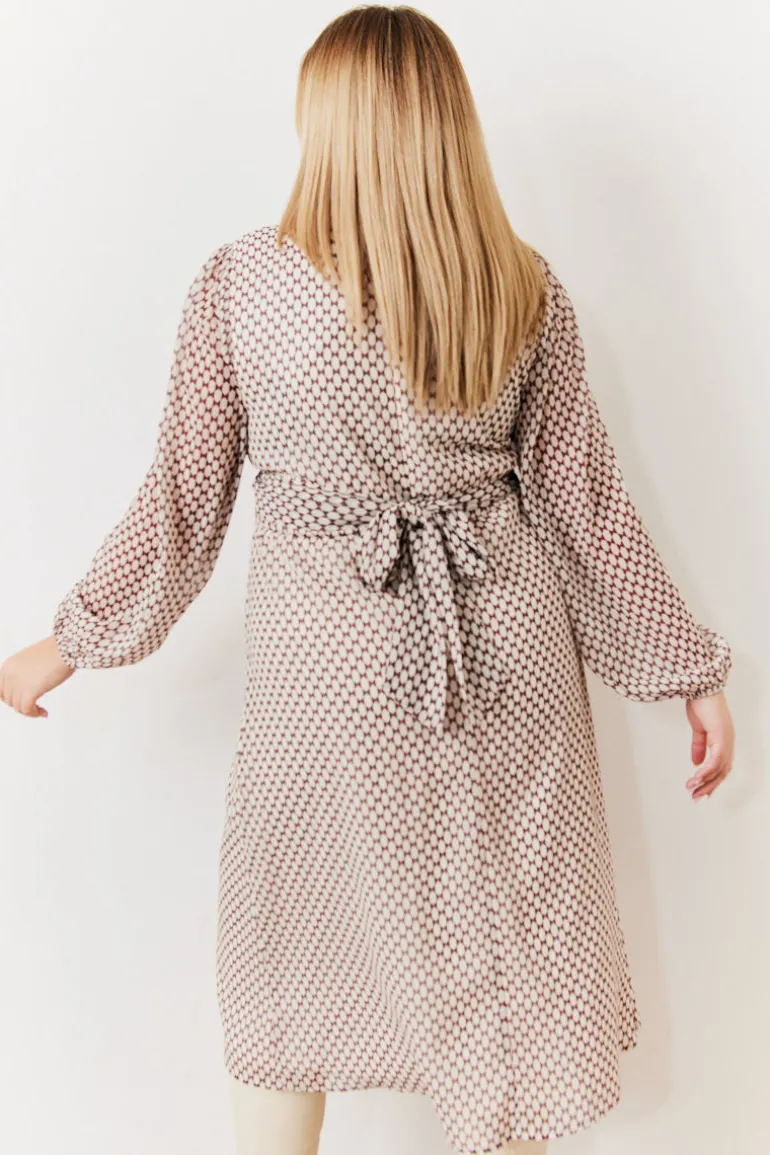 Cream Geometric Print Chiffon Balloon Sleeve Wrap Midi Dress