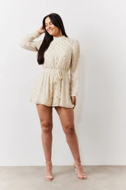 Cream Gold Fleck Detail High Neck Belted Playsuit