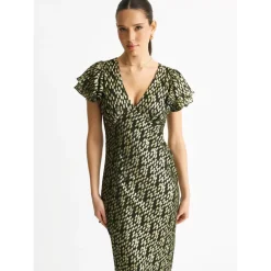 Dark Green Viscose Clipped Gold Jacquard Bias Cut Maxi Dress