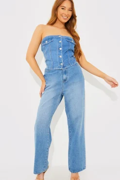 Denim Button Through Bandeau Top