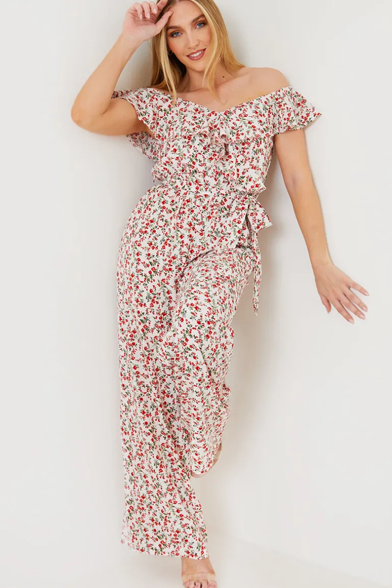 Ditsy Floral Print Wrap Bardot Jumpsuit