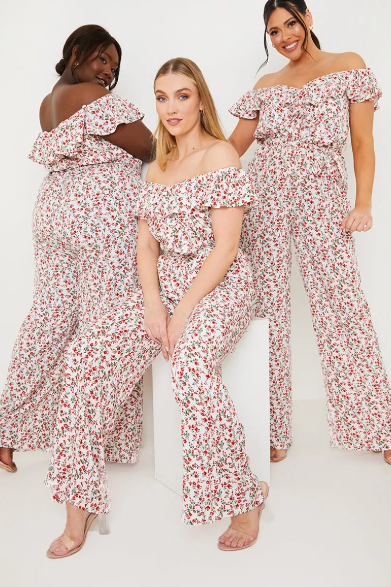 Ditsy Floral Print Wrap Bardot Jumpsuit