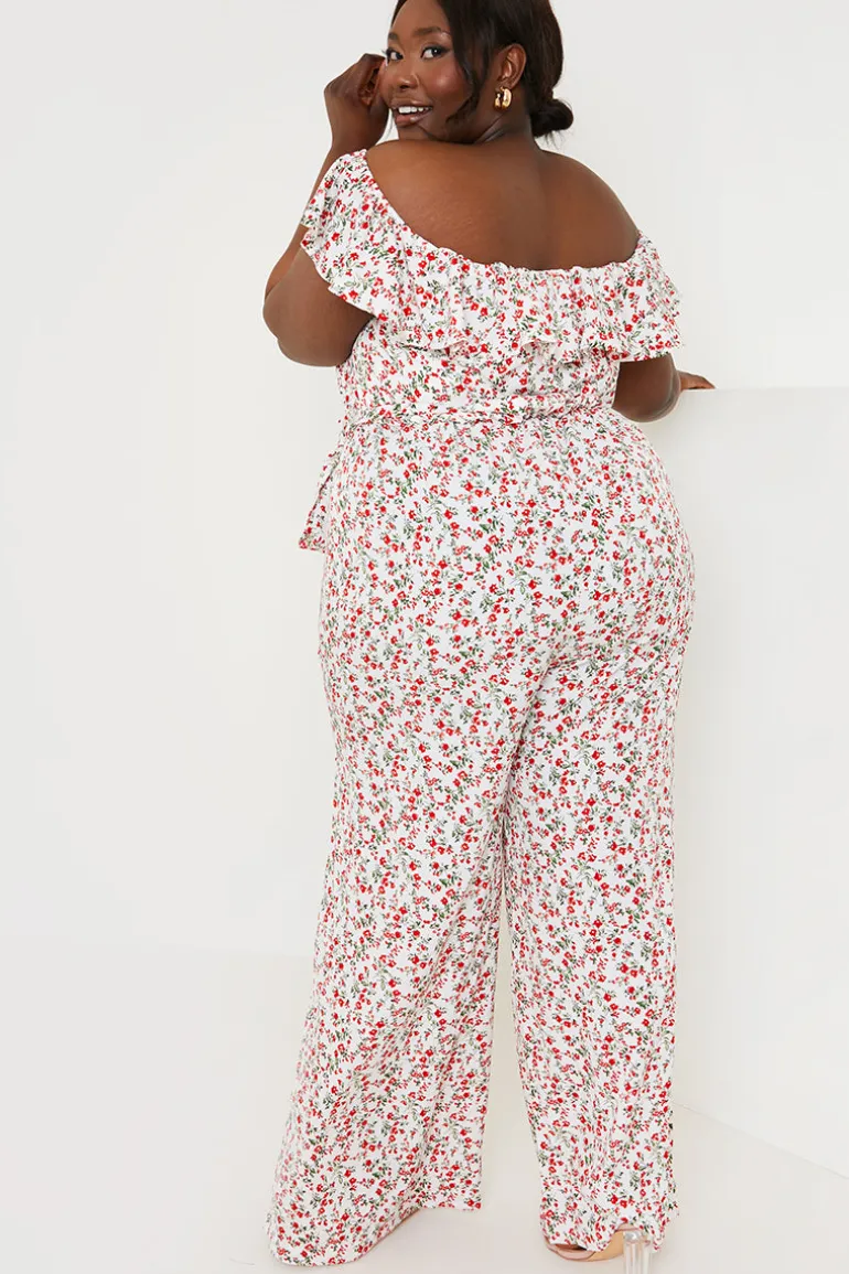 Ditsy Floral Print Wrap Bardot Jumpsuit