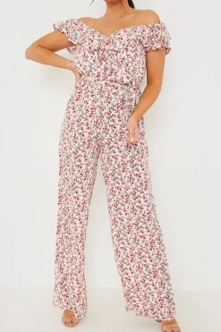 Ditsy Floral Print Wrap Bardot Jumpsuit