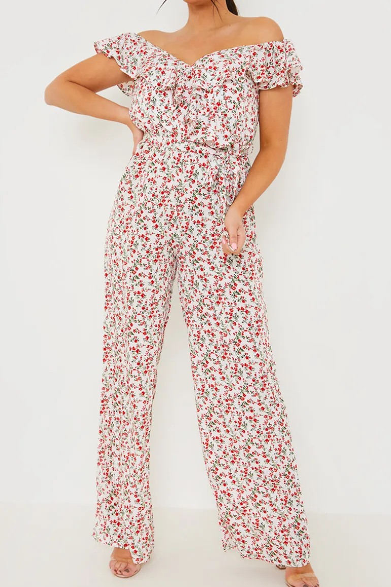 Ditsy Floral Print Wrap Bardot Jumpsuit
