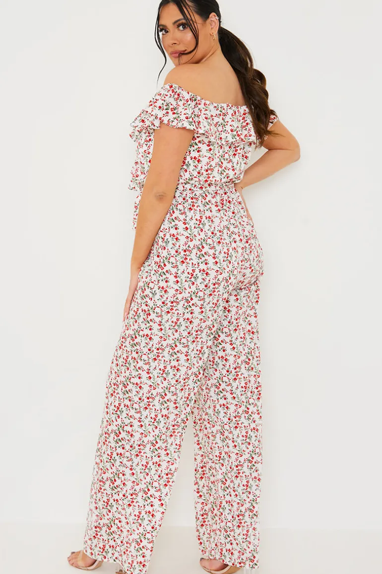 Ditsy Floral Print Wrap Bardot Jumpsuit