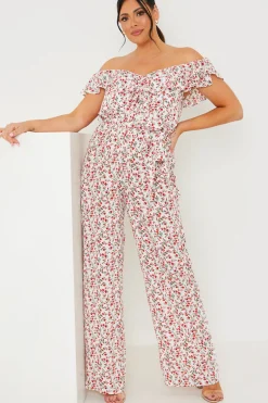 Ditsy Floral Print Wrap Bardot Jumpsuit