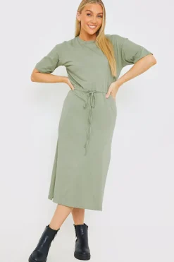 DRAWSTRING WAIST SPLIT HEM TSHIRT DRESS