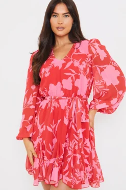 Floral Balloon Sleeve Godet Skater Mini Dress