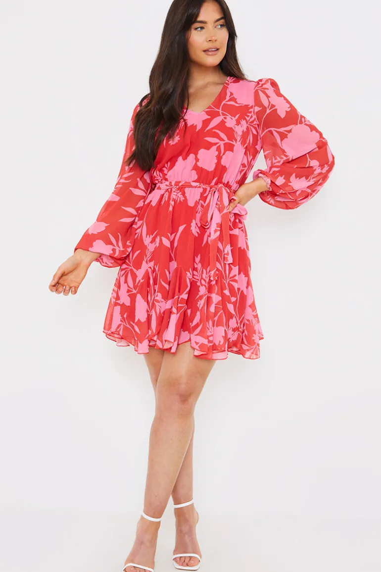 Floral Balloon Sleeve Godet Skater Mini Dress