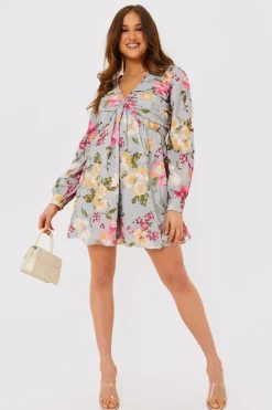 Floral Balloon Sleeve Ruched Bodice Playsuit