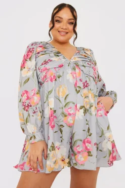 Floral Balloon Sleeve Ruched Bodice Playsuit