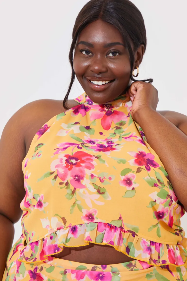 Floral Chiffon Halter Co-Ord Crop Top