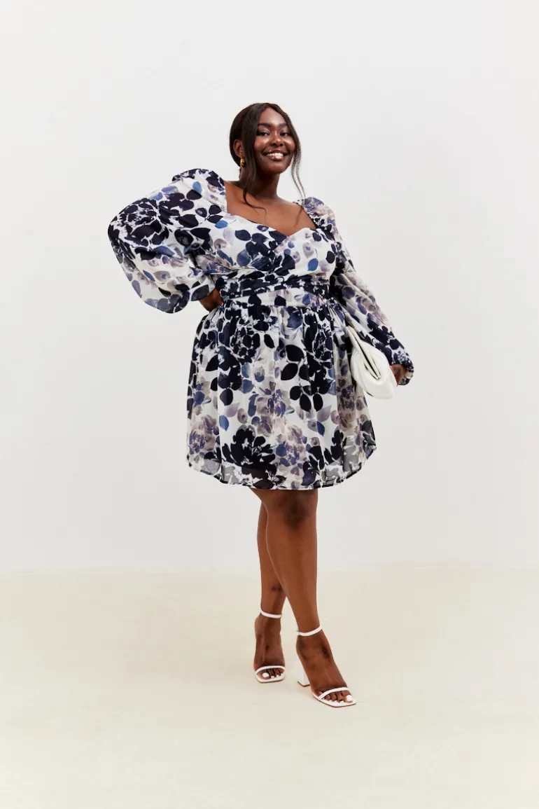 Floral Chiffon Wrap Sweetheart Mini Skater Dress