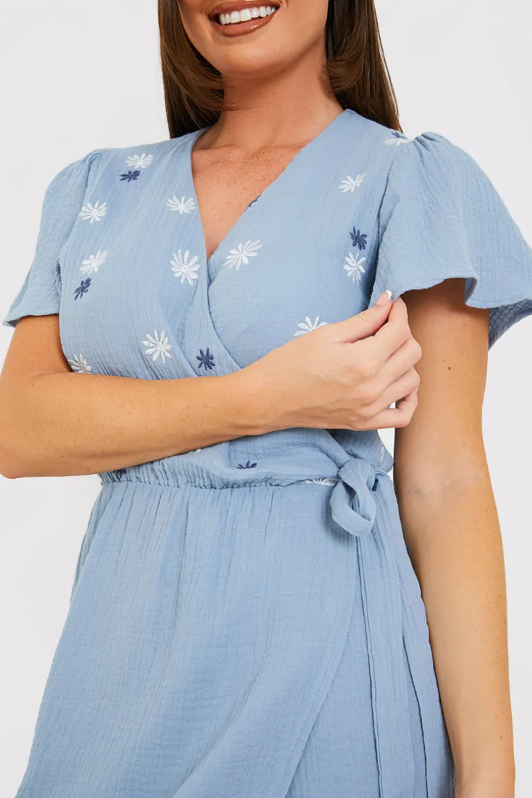 Floral Embroidered Wrap Midi Dress