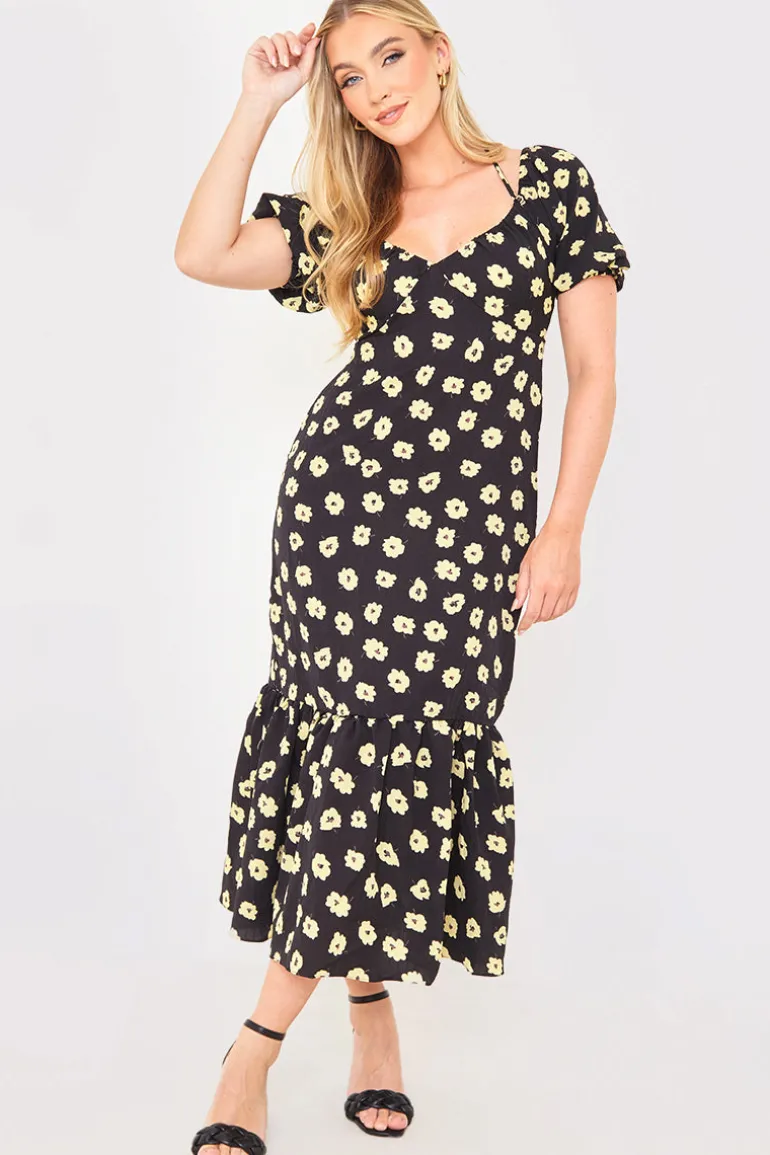 Floral Plunge Short Sleeve Midi Dress