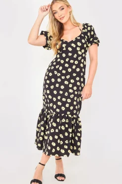 Floral Plunge Short Sleeve Midi Dress