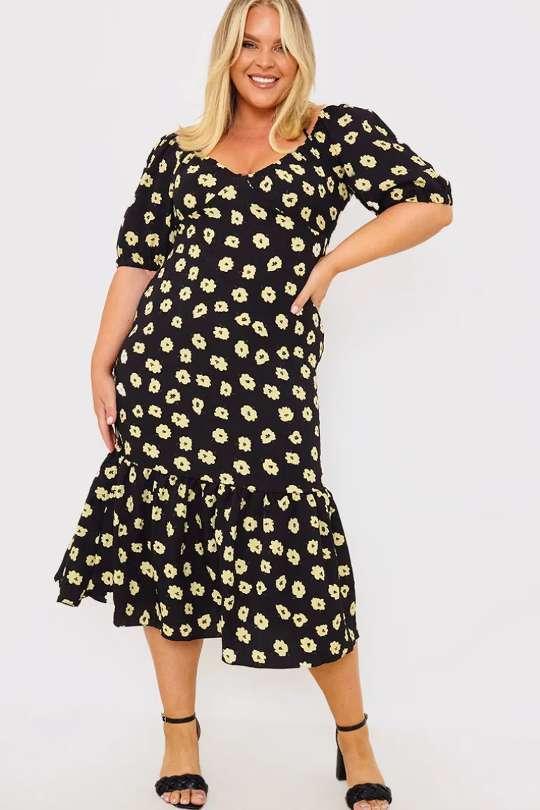 Floral Plunge Short Sleeve Midi Dress