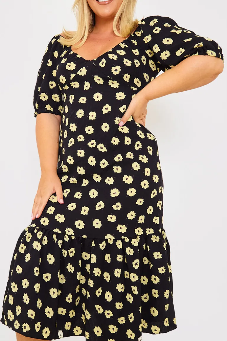 Floral Plunge Short Sleeve Midi Dress
