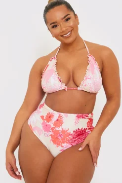 Floral Print Frill Triangle Bikini Top